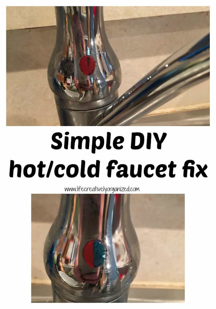 Simple DIY hot/cold faucet fix. The blue paint rubbed off the hot/cold indicator on my faucet. Don’t laugh. Here is how I fixed it in 15 minutes for $2!